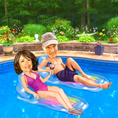 Custom Caricature of A Happy Couple on Pool Floats Cheering with Drink,by myDaVinci - myDaVinci
